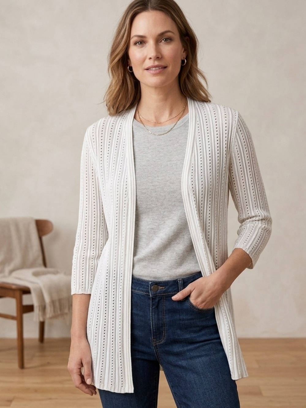 Chicos Cream Pointelle Open Front Knit beige Cardigan Sweater SZ 1/MED